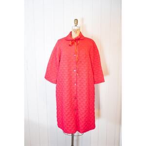 Vintage 60s Red Quilted Nylon Robe, Silky Lingerie Housecoat, Glam Pinup Med LG